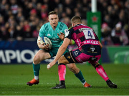 Rory Scannell of Munster in action against Ed Slater of Gloucester during the Heineken Champions Cup Pool 2 Round 5 match between Gloucester and Munster at Kingsholm Stadium in Gloucester, England. Photo by Seb Daly/Sportsfile