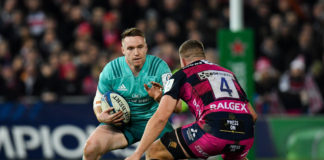 Rory Scannell of Munster in action against Ed Slater of Gloucester during the Heineken Champions Cup Pool 2 Round 5 match between Gloucester and Munster at Kingsholm Stadium in Gloucester, England. Photo by Seb Daly/Sportsfile