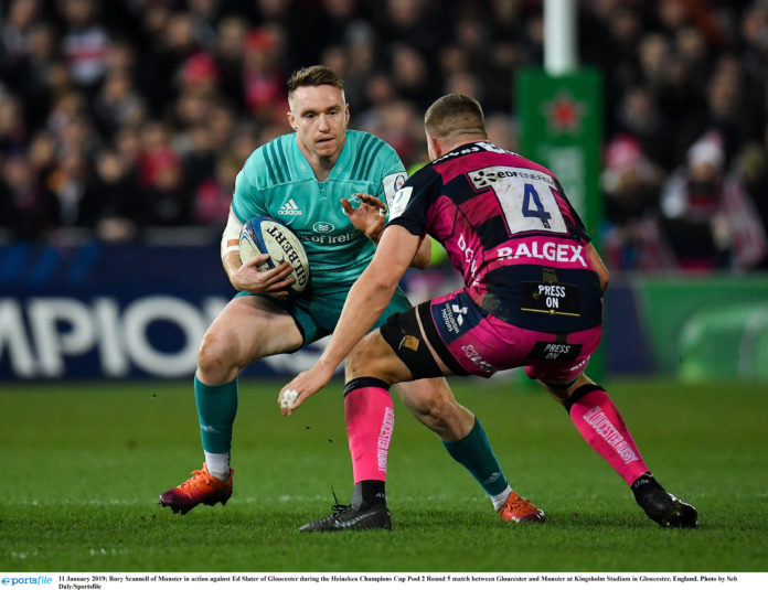 Gloucester v Munster - Heineken Champions Cup Pool 2 Round 5 Rory Scannell of Munster in action against Ed Slater of Gloucester during the Heineken Champions Cup Pool 2 Round 5 match between Gloucester and Munster at Kingsholm Stadium in Gloucester, England. Photo by Seb Daly/Sportsfile