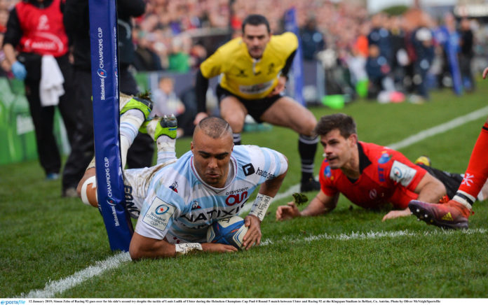 Ulster v Racing 92 - Heineken Champions Cup Pool 4 Round 5 Simon Zebo of Racing 92 goes over for his side's second try despite the tackle of Louis Ludik of Ulster during the Heineken Champions Cup Pool 4 Round 5 match between Ulster and Racing 92 at the Kingspan Stadium in Belfast, Co. Antrim. Photo by Oliver McVeigh/Sportsfile