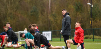 Peter OMahony and Andrew Conway, right, during Munster Rugby training at University of Limerick in Limerick. Photo by Seb Daly/Sportsfile