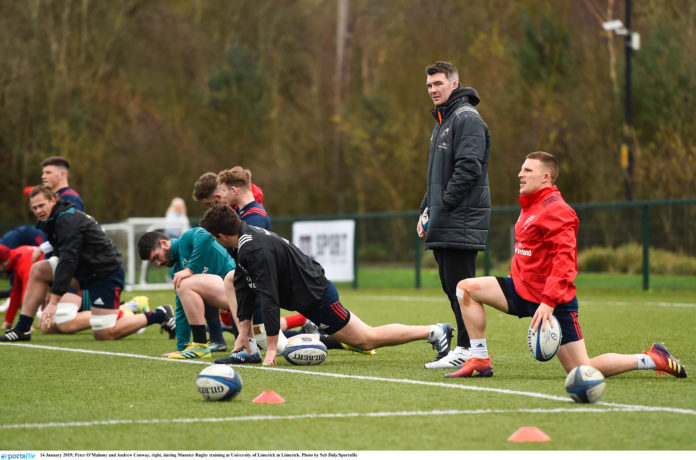 Peter OMahony and Andrew Conway, right, during Munster Rugby training at University of Limerick in Limerick. Photo by Seb Daly/Sportsfile