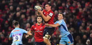 Tommy O'Donnell of Munster in action against Joe Simmonds of Exeter Chiefs during the Heineken Champions Cup Pool 2 Round 6 match between Munster and Exeter Chiefs at Thomond Park in Limerick. Photo by Brendan Moran/Sportsfile limerick ireland