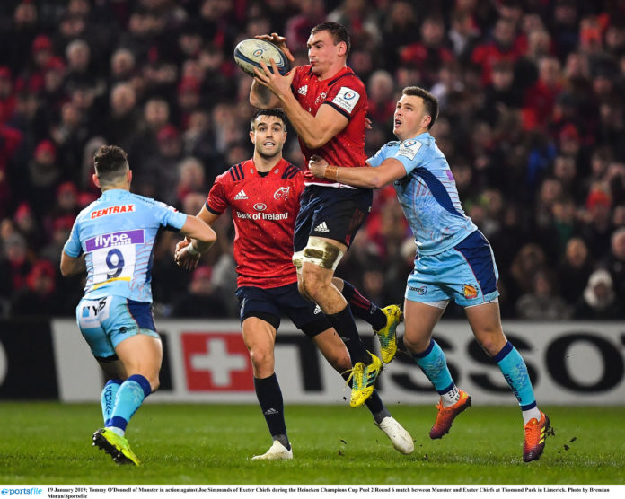 Tommy O'Donnell of Munster in action against Joe Simmonds of Exeter Chiefs during the Heineken Champions Cup Pool 2 Round 6 match between Munster and Exeter Chiefs at Thomond Park in Limerick. Photo by Brendan Moran/Sportsfile limerick ireland