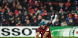 Tadhg Beirne of Munster after picking up a knock during the Heineken Champions Cup Pool 2 Round 6 match between Munster and Exeter Chiefs at Thomond Park in Limerick. Photo by Diarmuid Greene/Sportsfile