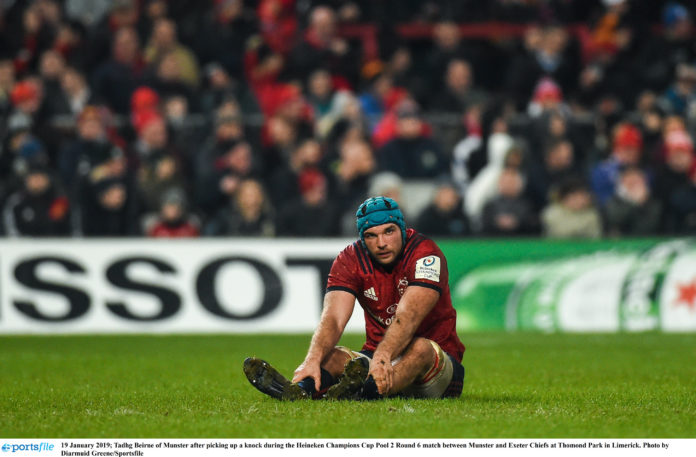 Munster v Exeter Chiefs - Heineken Champions Cup Pool 2 Round 6 Tadhg Beirne of Munster after picking up a knock during the Heineken Champions Cup Pool 2 Round 6 match between Munster and Exeter Chiefs at Thomond Park in Limerick. Photo by Diarmuid Greene/Sportsfile