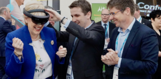 The Minister for Business, Enterprise and Innovation Heather Humphreys TD, John Savage, CTO, Action Point and Ivan O'Connor, Head of IoT, Action Point. Pic: Sean Curtin/True Media