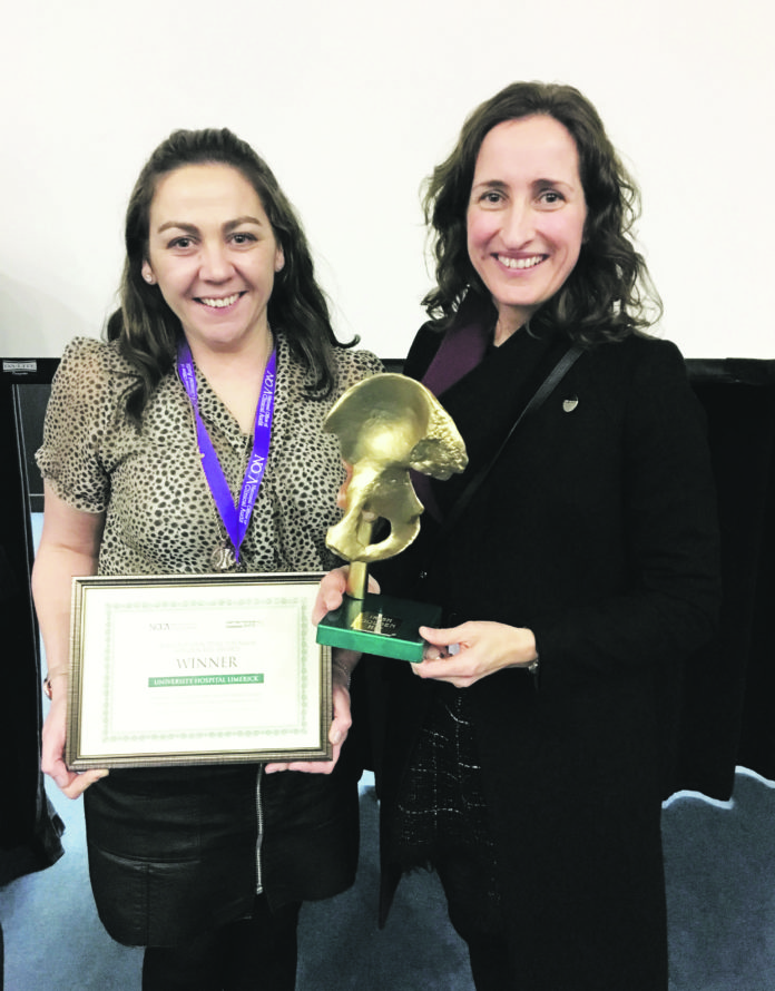 Clinical Nurse Specialist Paula Lynch and Consultant Ortho-geriatrician Jude Ryan with the Golden Hip Award.