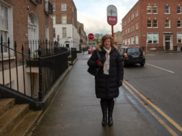 Senator Maria Byrne at the Bus stop in Barrington St, Limerick Photo by: Kieran Ryan-Benson