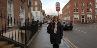 Senator Maria Byrne at the Bus stop in Barrington St, Limerick Photo by: Kieran Ryan-Benson