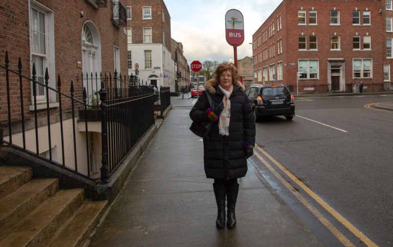 Senator Maria Byrne at the Bus stop in Barrington St, Limerick Photo by: Kieran Ryan-Benson