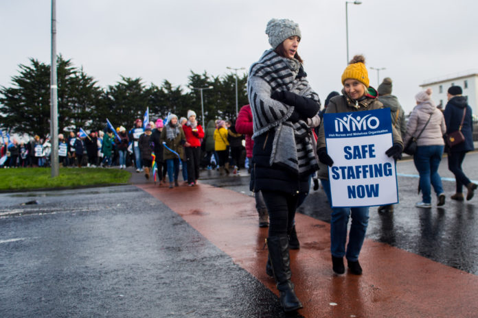 The INMO protest gets underway at University Hospital Limerick. Photo: Cian Reinhardt