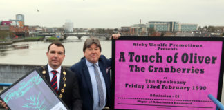 Mayor James Collins and Nicky Woulfe with Cranberries memorabilia marking the first anniversary of Dolores O’Riordan’s death last week. Photo: Brendan Gleeson