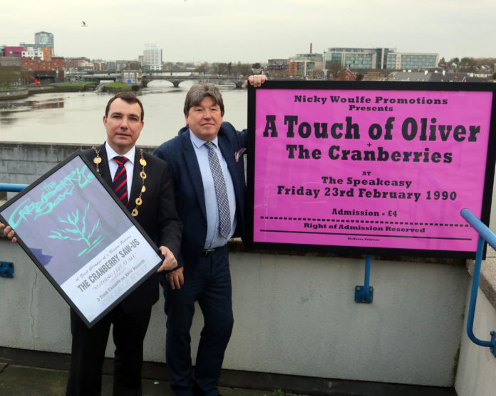 Mayor James Collins and Nicky Woulfe with Cranberries memorabilia marking the first anniversary of Dolores O’Riordan’s death last week. Photo: Brendan Gleeson