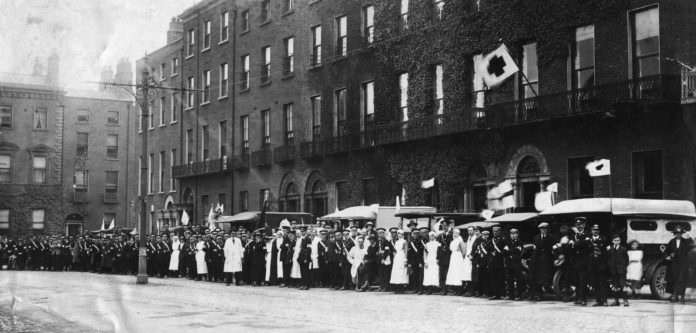 St John's Ambulance Corps Members of the St John's Ambulance Corps outside their headquarters in Dublin during the First World War. Photo courtesy Pยdraig Allen