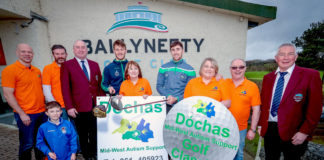 Dóchas Mid-West Autism Golf Classic to be held in Ballyneety Golf Club on the 26th and 27th of April as a Pre-Qualifer Competition to the JP McManus Pro-AM 2020.. Pictured at the launch were Garreth Devlin, Gordon & Conor Ryan, Kevin Hayes, Captain Ballyneety GC, Tom Morrissey, Limerick Senior Hurler, Sheila Lowney, Barry Nash, Limerick Senior Hurler, Pauline Meaney and Denis Dotherty and Tom Carroll, President Ballyneety GC. Picture: Keith Wiseman