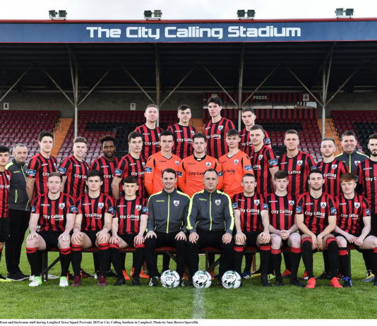 The Longford Team and backroom staff during Longford Town Squad Portraits 2019 at City Calling Stadium in Longford. Photo by Sam Barnes/Sportsfile