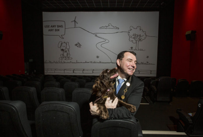 Mayor of Limerick City and County Council, Cllr. James Colins pictured at the Omniplex Cinema, Dooradoyle with his dog Laika to launch Dog Pooh!. Picture: Alan Place