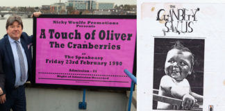 Nicky Woulfe with the poster he donated to Mayor Collins (left). .Picture Brendan Gleeson. The Cranberry Saw Us poster for the gig in the Oasis Club on the same night (right) Limerick Post News Music