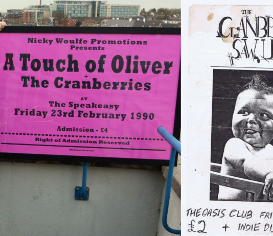 Nicky Woulfe with the poster he donated to Mayor Collins (left). .Picture Brendan Gleeson. The Cranberry Saw Us poster for the gig in the Oasis Club on the same night (right) Limerick Post News Music