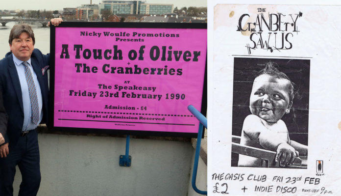 Nicky Woulfe with the poster he donated to Mayor Collins (left). .Picture Brendan Gleeson. The Cranberry Saw Us poster for the gig in the Oasis Club on the same night (right) Limerick Post News Music