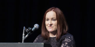 Rachel McMahon speaking at The Alzheimer Society of Ireland's AlzTalks event. Photo:Donal Hackett