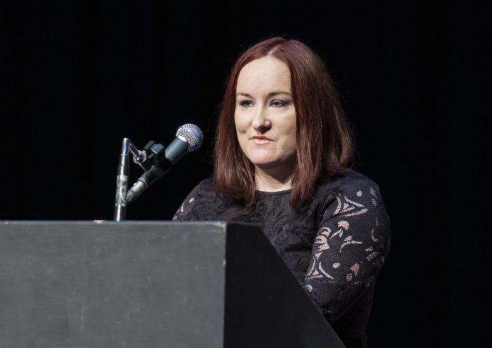 Rachel McMahon speaking at The Alzheimer Society of Ireland's AlzTalks event. Photo:Donal Hackett
