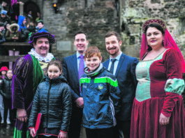 Limerick Educate Together students Carrie Carroll and Jack Flanagan with Castle entertainer Chris Rowley; Shannon Heritage managing director Niall O’Callaghan; School Principal Eoin Shinners and Castle entertainer Triona Walsh at the launch of the junior cycle project.