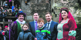 Limerick Educate Together students Carrie Carroll and Jack Flanagan with Castle entertainer Chris Rowley; Shannon Heritage managing director Niall O’Callaghan; School Principal Eoin Shinners and Castle entertainer Triona Walsh at the launch of the junior cycle project.