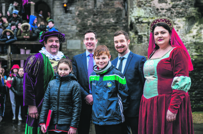 Limerick Educate Together students Carrie Carroll and Jack Flanagan with Castle entertainer Chris Rowley; Shannon Heritage managing director Niall O’Callaghan; School Principal Eoin Shinners and Castle entertainer Triona Walsh at the launch of the junior cycle project.