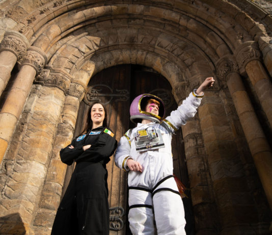 Dr Norah Patten, Grand Marshal and Luka Sean Og Rosenthal Morrissey, Lumen and Limerick Street theatre at Saint Marys Cathedral for the launch. Pic Sean Curtin True Media.
