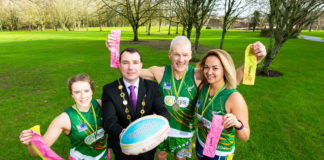 Mayor James Collins with tag rugby players Ellen O'Sullivan, Lesley Walsh and Paul Clinch at the launch the Tag Rugby World Cup. Photo: Oisin McHugh