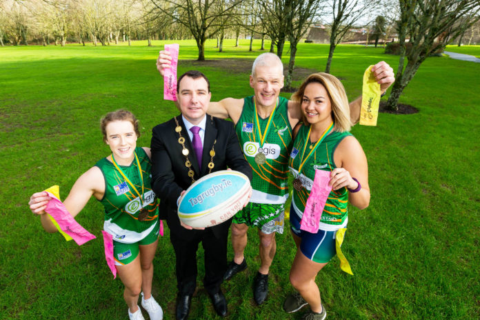 Mayor James Collins with tag rugby players Ellen O'Sullivan, Lesley Walsh and Paul Clinch at the launch the Tag Rugby World Cup. Photo: Oisin McHugh