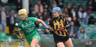 EDITORIAL USE ONLY Littlewoods Ireland Camogie League Division 1 Round 5, Gaelic Grounds, Limerick 24/2/2019 Limerick vs Kilkenny Limerick's Karen O'Leary and Claire Phelan of Kilkenny Mandatory Credit ©INPHO/Lorraine O’Sullivan