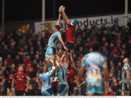 Tadhg Beirne of Munster wins possession in a lineout ahead of Sam Skinner of Exeter Chiefs during the Heineken Champions Cup Pool 2 Round 6 match between Munster and Exeter Chiefs at Thomond Park in Limerick. Photo by Diarmuid Greene/Sportsfile