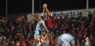 Tadhg Beirne of Munster wins possession in a lineout ahead of Sam Skinner of Exeter Chiefs during the Heineken Champions Cup Pool 2 Round 6 match between Munster and Exeter Chiefs at Thomond Park in Limerick. Photo by Diarmuid Greene/Sportsfile