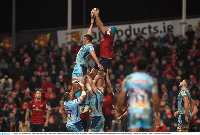 Tadhg Beirne of Munster wins possession in a lineout ahead of Sam Skinner of Exeter Chiefs during the Heineken Champions Cup Pool 2 Round 6 match between Munster and Exeter Chiefs at Thomond Park in Limerick. Photo by Diarmuid Greene/Sportsfile