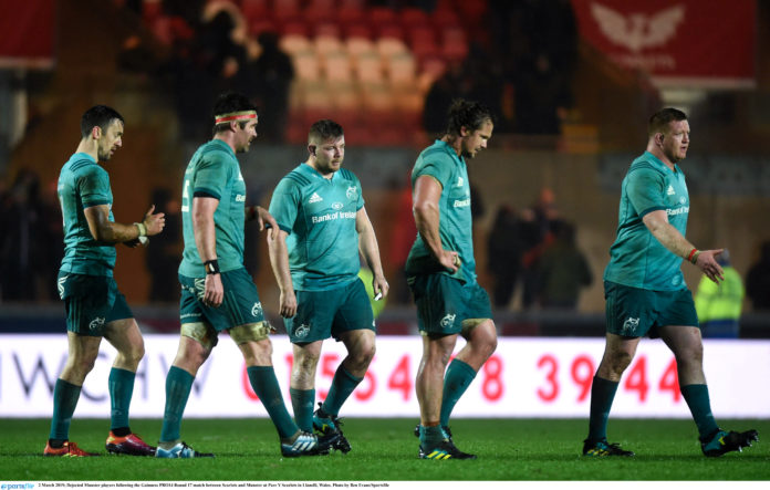 Dejected Munster players following the Guinness PRO14 Round 17 match between Scarlets and Munster at Parc Y Scarlets in Llanelli, Wales. Photo by Ben Evans/Sportsfile