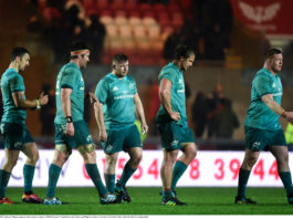 Dejected Munster players following the Guinness PRO14 Round 17 match between Scarlets and Munster at Parc Y Scarlets in Llanelli, Wales. Photo by Ben Evans/Sportsfile