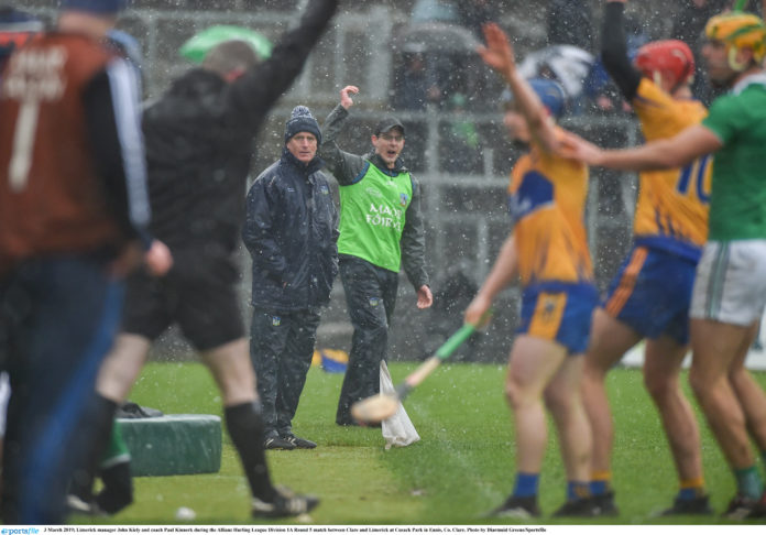 Limerick manager John Kiely and coach Paul Kinnerk during the Allianz Hurling League Division 1A Round 5 match between Clare and Limerick at Cusack Park in Ennis, Co. Clare. Photo by Diarmuid Greene/Sportsfile