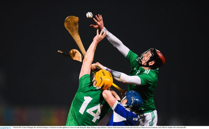 Seamus Flanagan, left, and David Dempsey of Limerick in action against Lee Cleere of Laois during the Allianz Hurling League Division 1 Quarter-Final match between Laois and Limerick at O'Moore Park in Portlaoise, Laois. Photo by Stephen McCarthy/Sportsfile