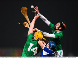 Seamus Flanagan, left, and David Dempsey of Limerick in action against Lee Cleere of Laois during the Allianz Hurling League Division 1 Quarter-Final match between Laois and Limerick at O'Moore Park in Portlaoise, Laois. Photo by Stephen McCarthy/Sportsfile