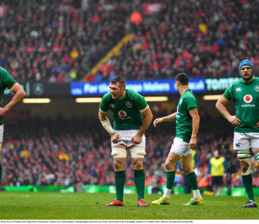 Ireland players, from left, James Ryan, Peter OMahony and Tadhg Beirne during the Guinness Six Nations Rugby Championship match between Wales and Ireland at the Principality Stadium in Cardiff, Wales. Photo by Brendan Moran/Sportsfile