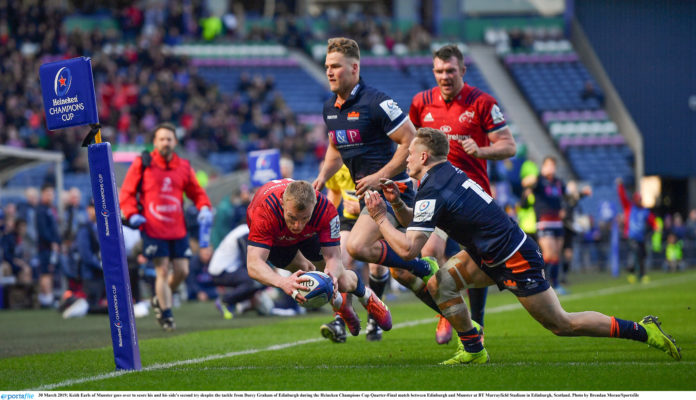 Keith Earls of Munster goes over to score his and his side's second try despite the tackle from Darcy Graham of Edinburgh during the Heineken Champions Cup Quarter-Final match between Edinburgh and Munster at BT Murrayfield Stadium in Edinburgh, Scotland. Photo by Brendan Moran/Sportsfile