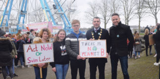 Attending the Fridays for Futures action on climate change campaign were Eleanor Flanagan, Dara Stack, Clareview, Adam Stapleton, Ballyneety, Mayor James Collins and TD Tom Neville. Picture: Gareth Williams