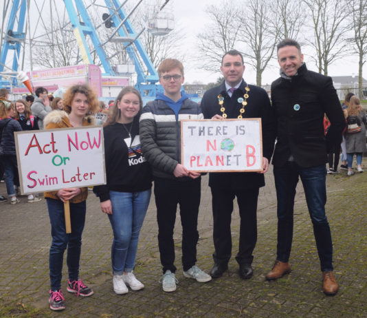 Attending the Fridays for Futures action on climate change campaign were Eleanor Flanagan, Dara Stack, Clareview, Adam Stapleton, Ballyneety, Mayor James Collins and TD Tom Neville. Picture: Gareth Williams
