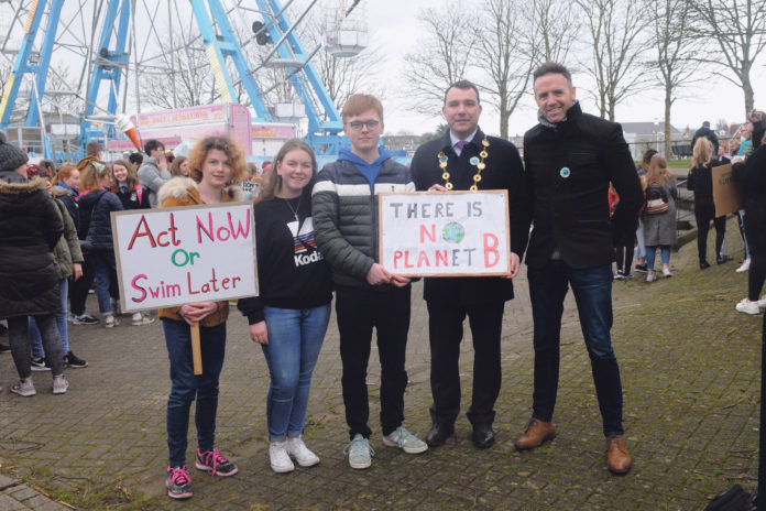 Attending the Fridays for Futures action on climate change campaign were Eleanor Flanagan, Dara Stack, Clareview, Adam Stapleton, Ballyneety, Mayor James Collins and TD Tom Neville. Picture: Gareth Williams