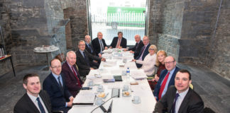 Board members of Limerick Twenty Thirty photographed as they held their March monthly meeting at Gardens International yesterday – the first meeting held at the state-of-the-art new boardroom. Pictured are Michael O’Malley, Project Manager, Aidan Malone, Project Manager, Michael Cormack, Finance Manager, Stephane Duclot, Senior Planner, Cllr Seamus Browne, Board, David Conway, Chief Executive Officer, Denis Brosnan, Chairman of Board, Stewart Harrington, Board, Sean Coughlan, LCCC, Board, and Margaret Davin, Financial Services, , Dr Pat Daly, LCCC, Board, and Mayor James Collins. Photo by Diarmuid Greene