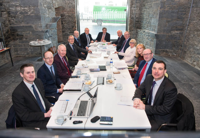 Board members of Limerick Twenty Thirty photographed as they held their March monthly meeting at Gardens International yesterday – the first meeting held at the state-of-the-art new boardroom. Pictured are Michael O’Malley, Project Manager, Aidan Malone, Project Manager, Michael Cormack, Finance Manager, Stephane Duclot, Senior Planner, Cllr Seamus Browne, Board, David Conway, Chief Executive Officer, Denis Brosnan, Chairman of Board, Stewart Harrington, Board, Sean Coughlan, LCCC, Board, and Margaret Davin, Financial Services, , Dr Pat Daly, LCCC, Board, and Mayor James Collins. Photo by Diarmuid Greene