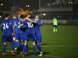 Conor Ellis celebrates with teammates after scoring Limerick's second goal of the game. Photo: Cian Reinhardt